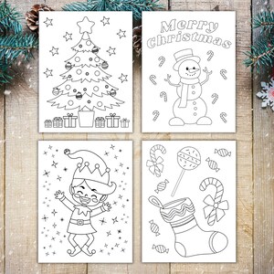 May include: Four black and white coloring pages featuring Christmas themes. The first page shows a Christmas tree with presents underneath. The second page shows a snowman with the text "Merry Christmas". The third page shows an elf with stars around him. The fourth page shows a stocking, candy canes, and a lollipop.