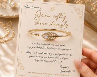 Bladmanchetarmband voor vrouwen, gouden of zilveren CZ open armband, nieuw begin sieraden, genezingscadeau voor haar, verstelbare botanische armband