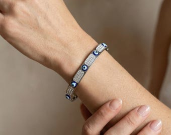Zilveren boze oog-armband, roestvrijstalen CZ-inlegwerk, beschermingssieraden