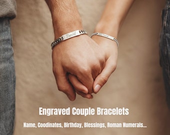 Personalized Couple Bracelets - Engraved Name Bracelet Set - Anniversary Gift for Him & Her