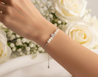 Custom Initial Pearl Bracelet – Dainty Heart Charm, Wedding Bridesmaid Jewelry, Everyday Wear