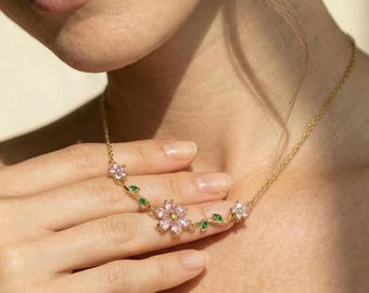 Cherry Blossom Birthstone Necklace - Sakura Flower Pendant, Elegant Jewelry Gift