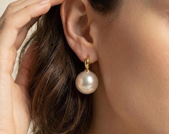 14mm/12mm/10mm Pearl Drop Earrings with Gold and Silver Posts – Elegant Studs