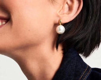 Orecchini pendenti con perle da 14 mm/12 mm/10 mm con perni in oro, oro bianco e argento sterling, eleganti orecchini a lobo con perle bianche, grigie e nere