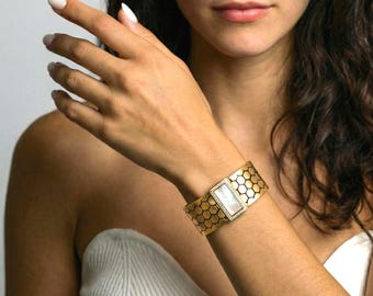 Waterdichte gouden armband met parelmoer inleg, moderne roestvrijstalen statement-armband