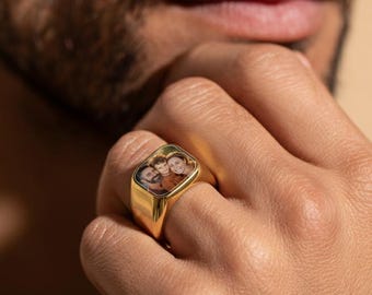 Personalized Mens Photo Ring, Husband Gift, Stainless Steel Ring For Dad With Kids Photo, Family Name, Personalize Daddy Ring