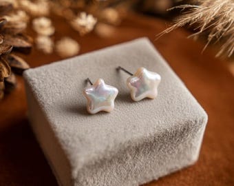 Baroque Freshwater Pearl Star Stud Earrings | Minimal Pearl Studs | Celestial Jewellery Gift for Her