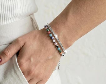 Kleurrijke boze oog-armband, gelaagde zirkonia-kettingsieraden, zilveren beschermingscadeau voor vrouwen