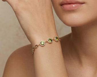 Tennisarmband CZ peridot, 14 kt vergulde sierlijke ketting, elegante groene edelsteen, geboortesteen augustus