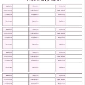 Puede incluir: Una hoja de seguimiento de contraseñas imprimible en blanco con texto en morado oscuro. El encabezado dice Pretty Planning A Beautiful Life y Password Tracker. Contiene doce secciones rectangulares, cada una con filas para Website, User Name, Password y Updates.