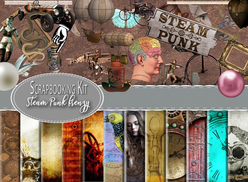 Printable Paper Steampunk Digital Scrapbooking Kit Digital Download