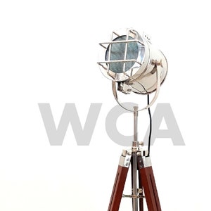 Handmade Chrome Nautical Searchlight Floor Lamp: Adjustable Wooden Tripod
