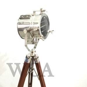 Handmade Spotlight Floor Lamp: Adjustable Wooden Tripod, Marine Searchlight