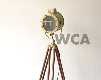 Brass Antique Modern Floor Lamp Handmade Marine Tripod Studio Searchlight Nautical Wooden Adjustable Tripod Floor Lamp E27 Christmas Light