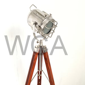 Handmade Spotlight Floor Lamp: Adjustable Wooden Tripod, Chrome Finish