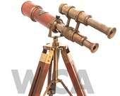 Double barrel antique brass telescope with desk tripod Handmade Vintage Pirate Spy Glass Scope Nautical Marine Brass Telescope Decorative