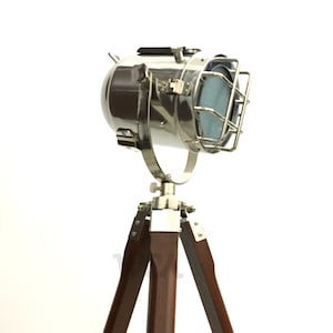 Nautical Chrome Tripod Floor Lamp: Vintage Marine Spotlight Decor