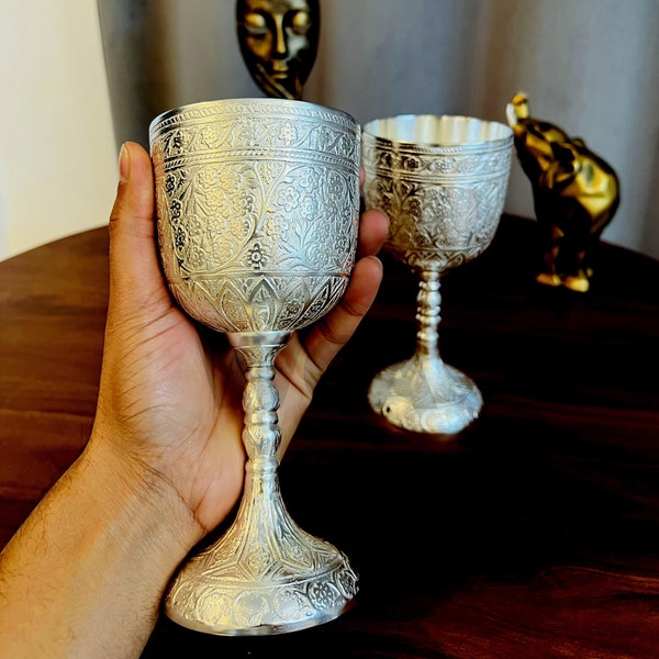 Handmade Royal King Embossed Goblet Silver Design Brass Wine Goblet Mediaeval Wine Chalice Gift For Anniversary, Wedding, Birthday Party