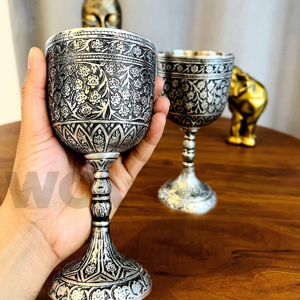 Handmade Embossed Goblet Silver Antique Design Brass Wine Goblet Royal King Goblet Wine Chalice Gift For Wedding, Birthday,