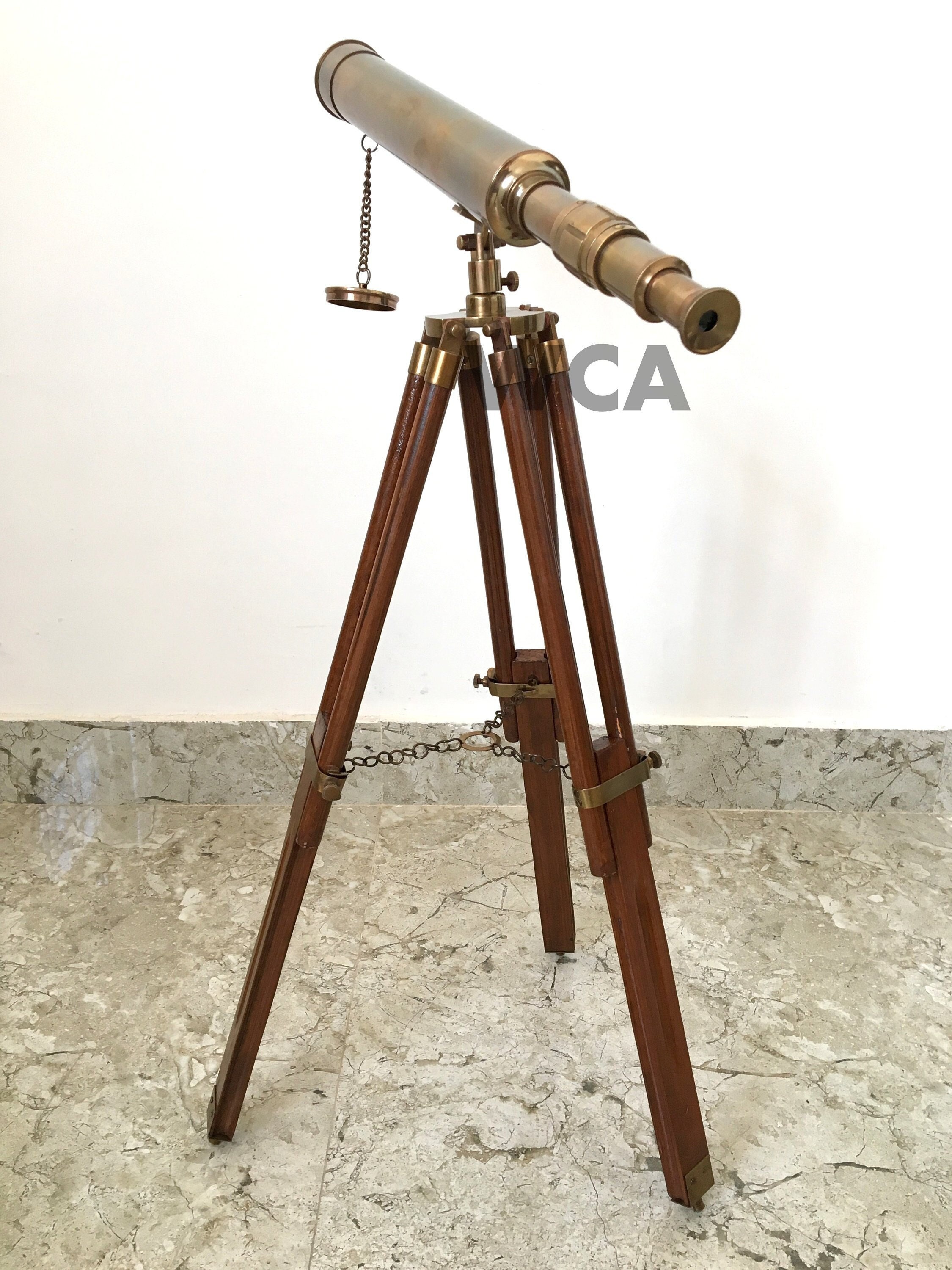Antique Brass Spyglass Telescope With Wooden Tripod Marine Scope 