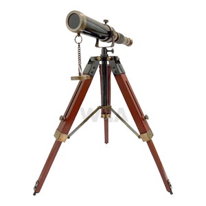 Antiqued Brass Telescope with Wooden Tripod: Nautical Spyglass Decor