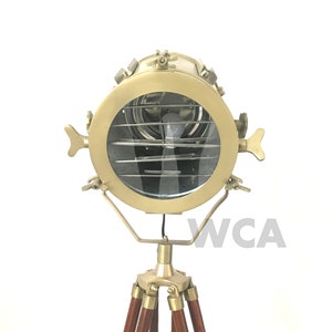 Handmade Nautical Tripod Floor Lamp: Antiqued Brass Marine Spotlight
