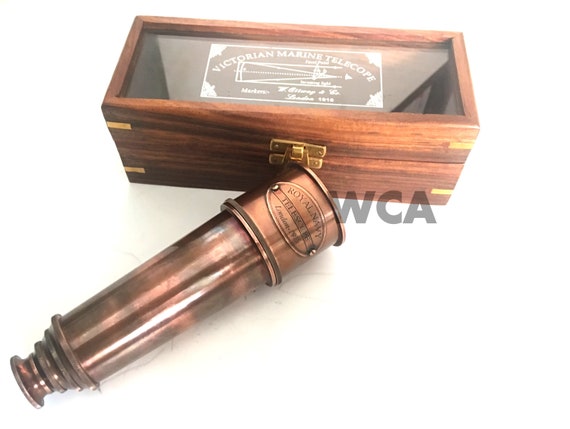 Handmade Shiny Brass Black Leather Telescope With Wooden Box