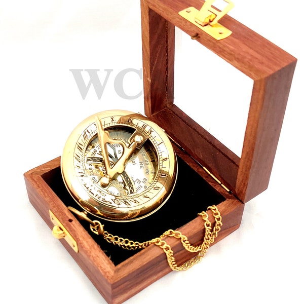 Nautical Brass Push Button Compass Handmade Marine Navigation Compass With Wooden Box Maritime Sundial Compass Gift For Birthday,Anniversary