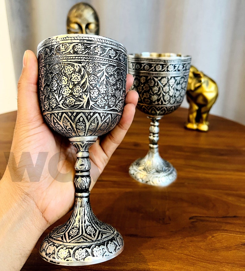 Handmade Embossed Goblet Silver Antique Design Brass Wine Goblet Royal King Goblet Wine Chalice Gift For Wedding, Birthday,