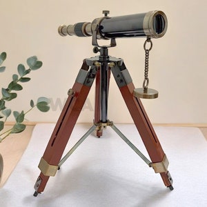 Handmade Spyglass Antiqued Brass Telescope with Wooden Tripod: Nautical Spyglass Decor