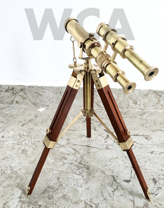 Kelvin Hughes Nautical Antique Brass Telescope Double Barrel With Tripod Stand