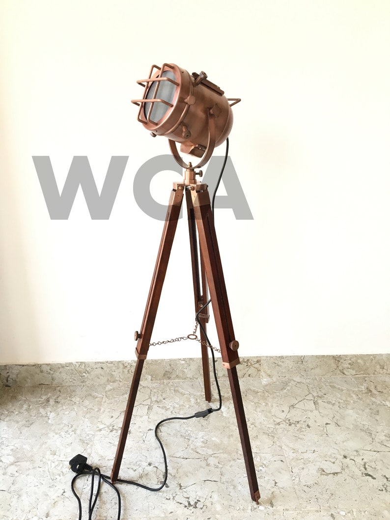 Copper Antique Floor Lamp With Tripod Handmade Searchlight Etsy