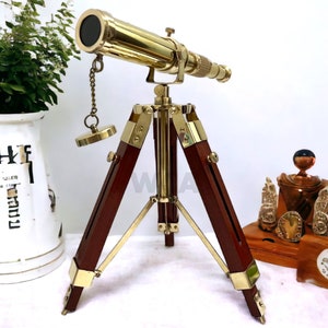 Nautical Brass Telescope With Wooden Adjustable Tripod Handmade Tabletop Spyglass Telescope Marine Scope Gift Home and Office Decor
