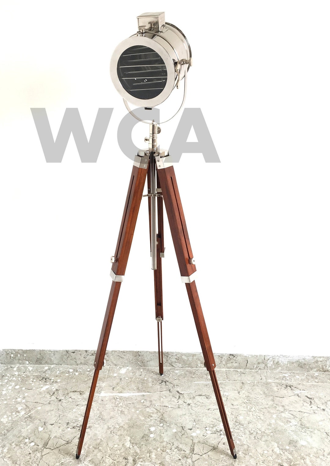 Handmade Nautical Spotlight Floor Lamp: Chrome & Wood Tripod, Adjustable Height - View #13