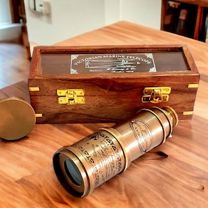 Brown Antique Brass Telescope with Wooden Box Handmade Marine Spyglass Ship Master Scope Victorian London - 1915 Gift for Birthday/Christmas