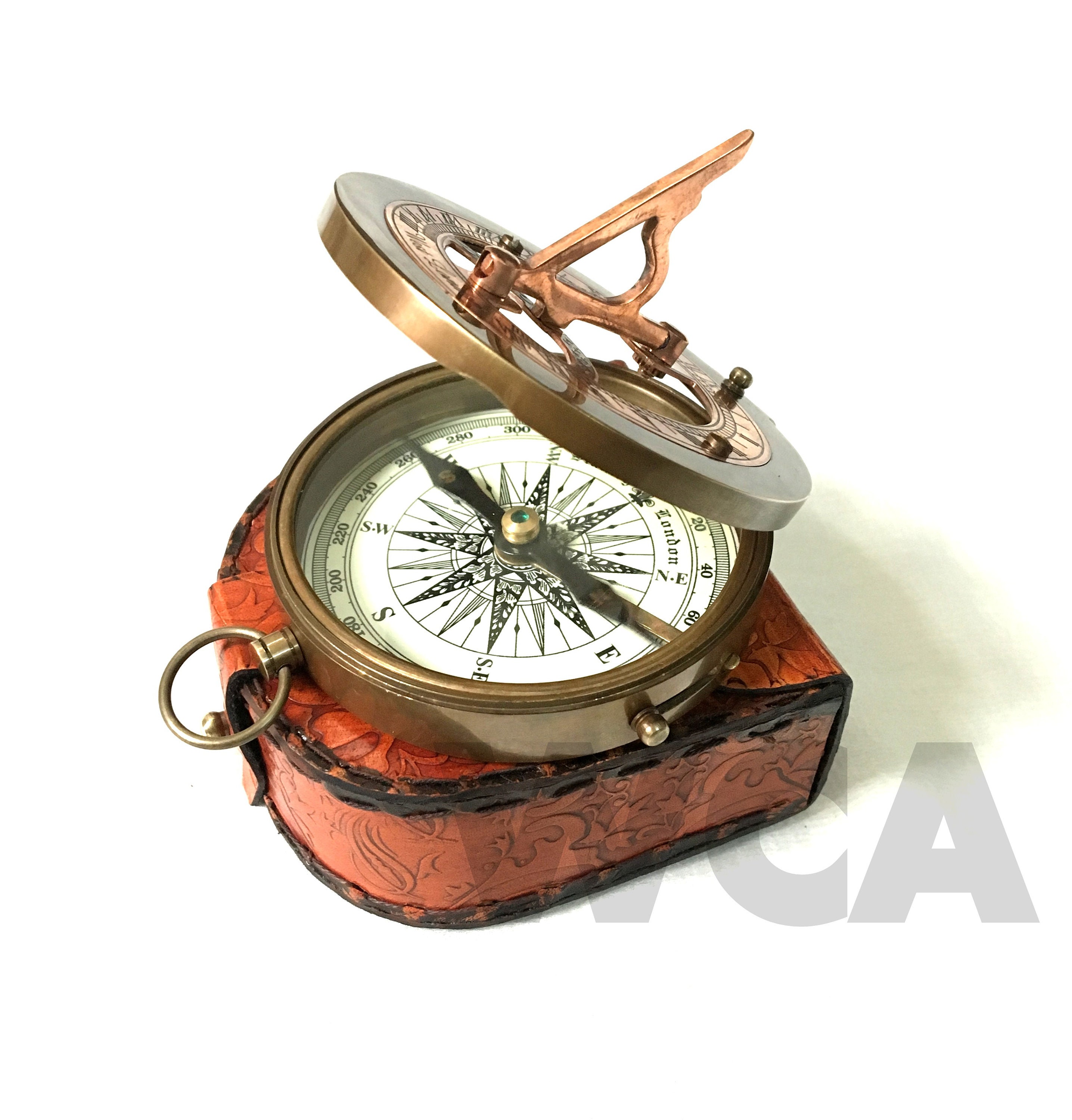 Nautical Brass Sundial Push Button Compass Handmade Marine Pocket Compass Decor