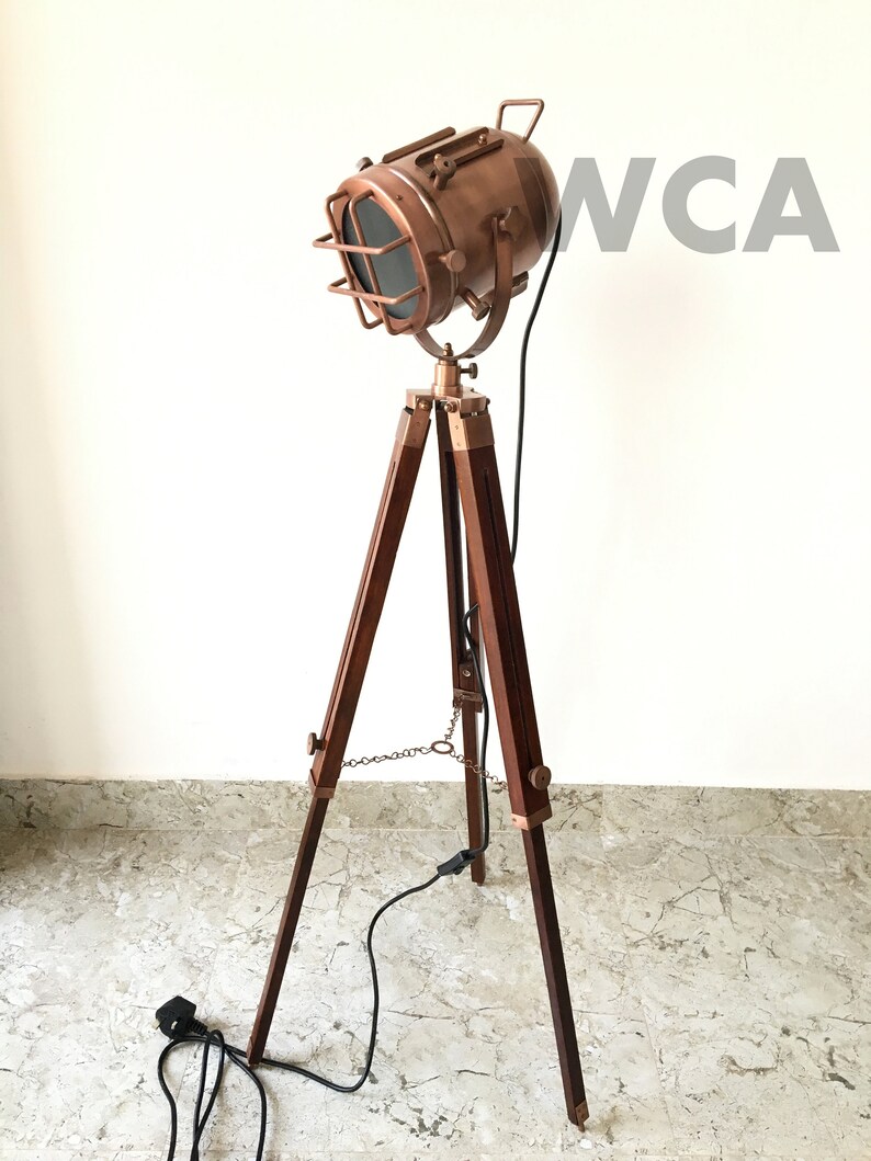Copper Antique Floor Lamp With Tripod Handmade Searchlight Etsy