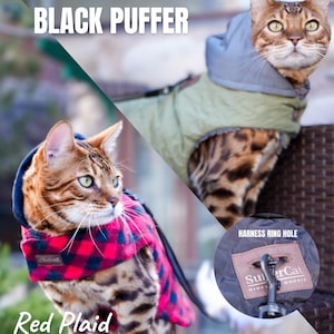 May include: Two Bengal cats wearing black puffer jackets with different patterns. The cat on the left is wearing a red plaid jacket and the cat on the right is wearing an olive green jacket. Both jackets have a harness ring hole and the text "SuperCat Ride Hoodie" is visible on the jacket on the right.