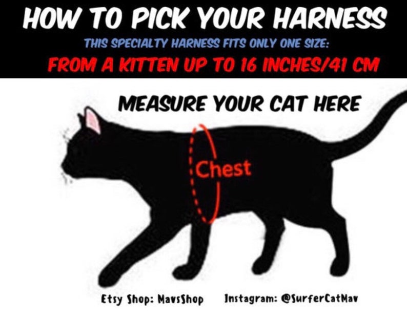 Peut inclure: Une silhouette de chat noir avec un cercle rouge autour de sa poitrine, &eacute;tiquet&eacute; "Chest". L'image montre comment mesurer un chat pour un harnais, avec du texte qui dit "How to Pick Your Harness", "This specialty harness fits only one size: From a kitten up to 16 inches/41 cm", "Measure Your Cat Here", "Etsy Shop: MavsShop", et "Instagram: @SurferCatMav".