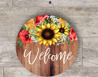 Welcome Floral Sunflower Red Poppy, PNG Datei Design für runde MDF Sublimation blanko, Clipart, Digitaler Download, Sublimation Grafik PNG,