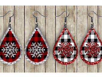 Buffalo plaid Black and Red Glitter Snowflake PNG Files (two files included) for Sublimation earrings, Clipart, Digital Download