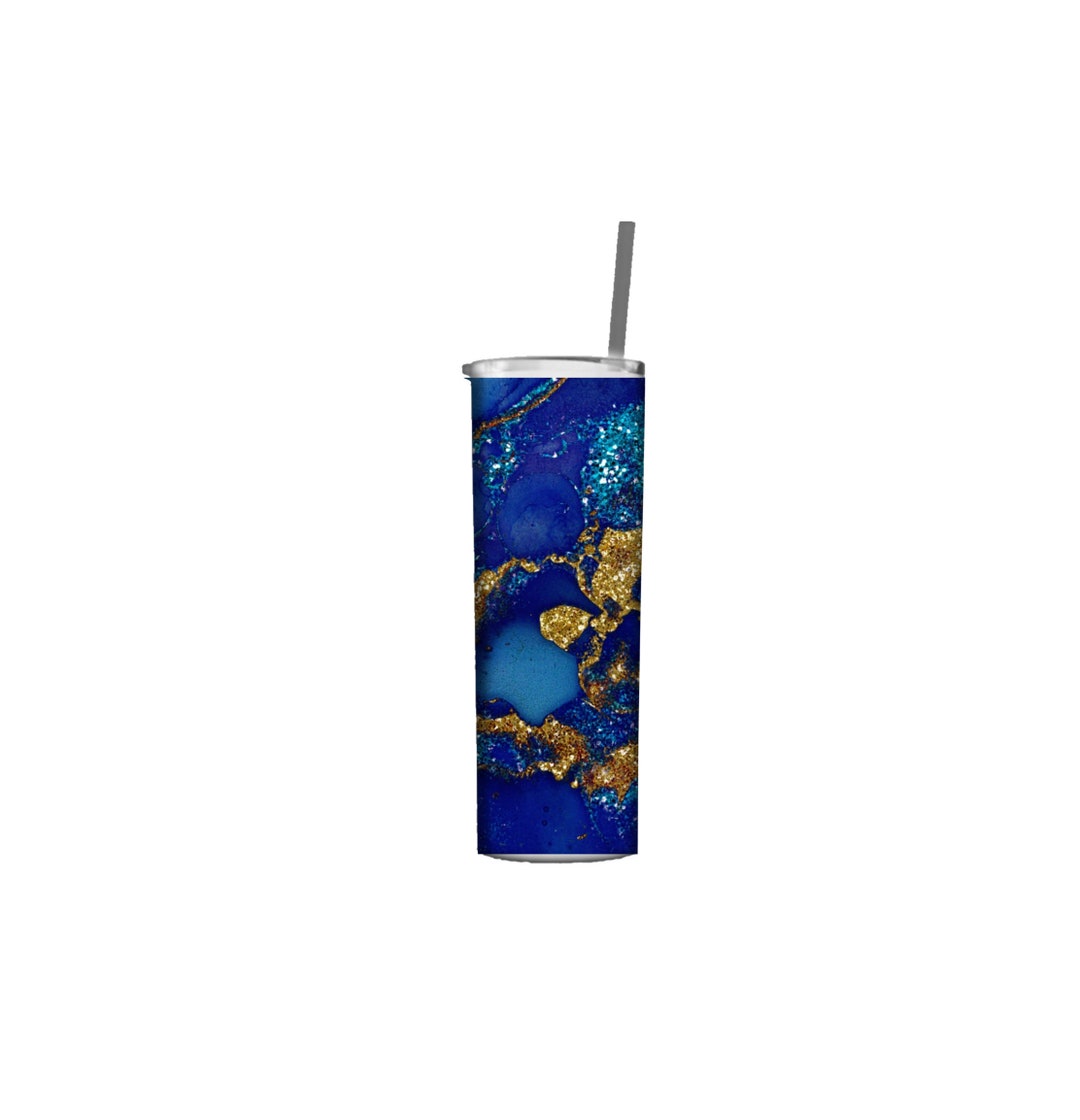 20 Oz SKINNY TUMBLER PNG Design File, Blue Glitter and Gold Glitter ...