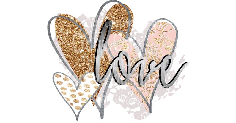 May include: Three overlapping hearts with glitter and floral patterns, with the word "love" written in silver script.