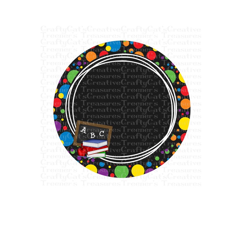 May include: A black circle with a white border and colourful polka dots. Inside the circle is a black chalkboard with the letters "A B C" written on it. There are also colourful books and a red apple on the chalkboard.