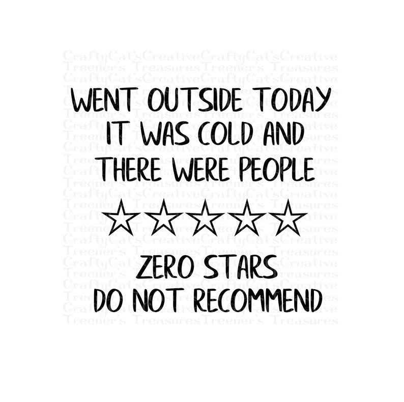 May include: Black and white text graphic with the text "Went outside today it was cold and there were people. ☆☆☆☆☆ Zero stars do not recommend."