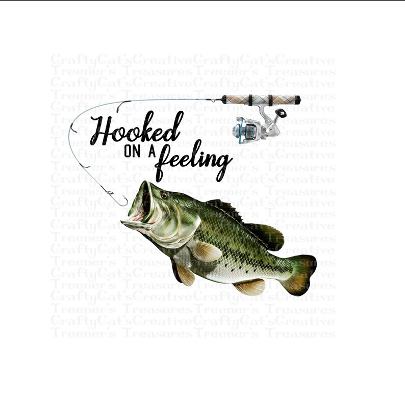 Pu&ograve; includere: Una grafica a tema pesca con un pesce persico che salta fuori dall'acqua con un amo in bocca. Il testo "Hooked on a feeling" &egrave; scritto sopra il pesce.