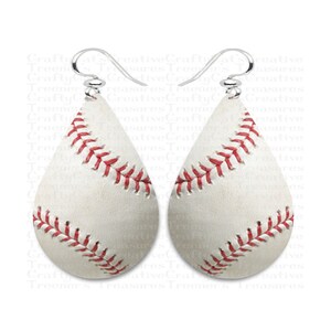 May include: A pair of baseball-themed teardrop earrings. The earrings feature a white background with red stitching, mimicking the look of a baseball. The earrings have silver-colored ear wires.