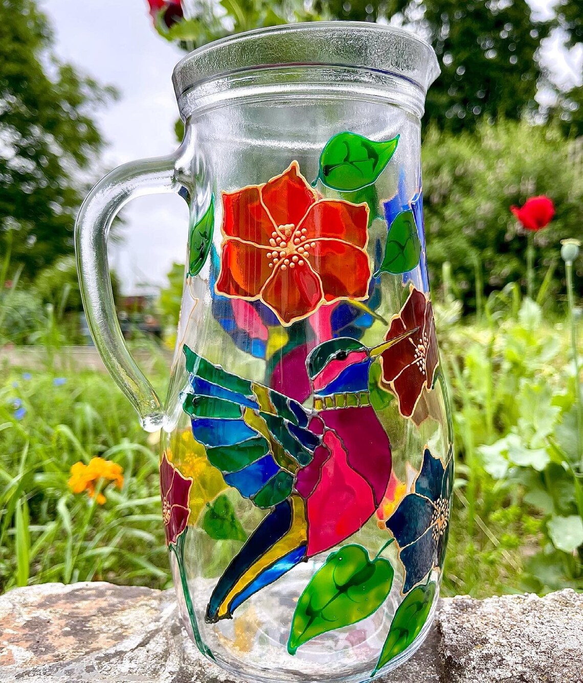 Verre peint à la main 18 litre Colibri et verre fleur Cruche Etsy