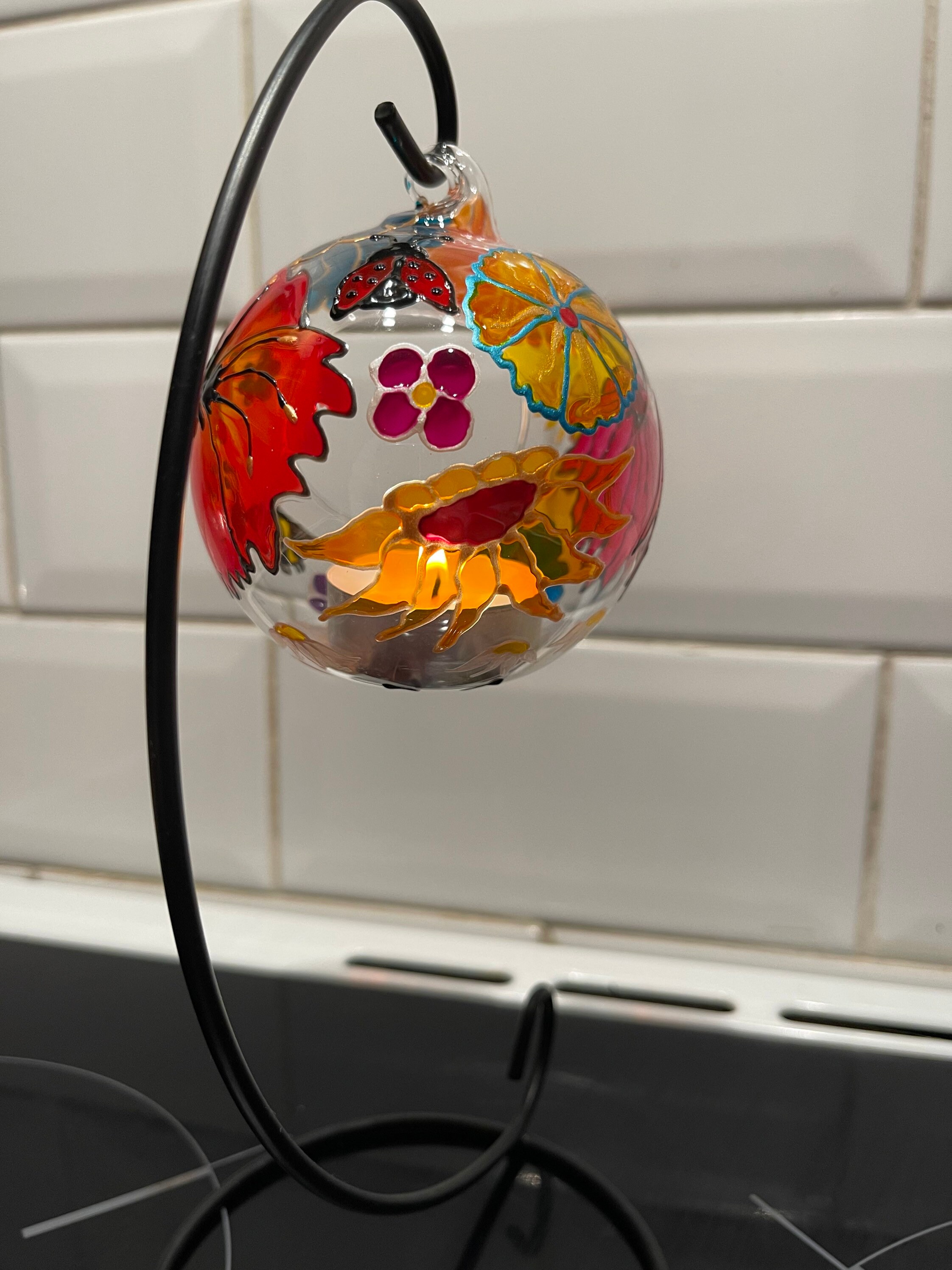 Hand painted Flower Glass bauble candle/tea light holder and Etsy