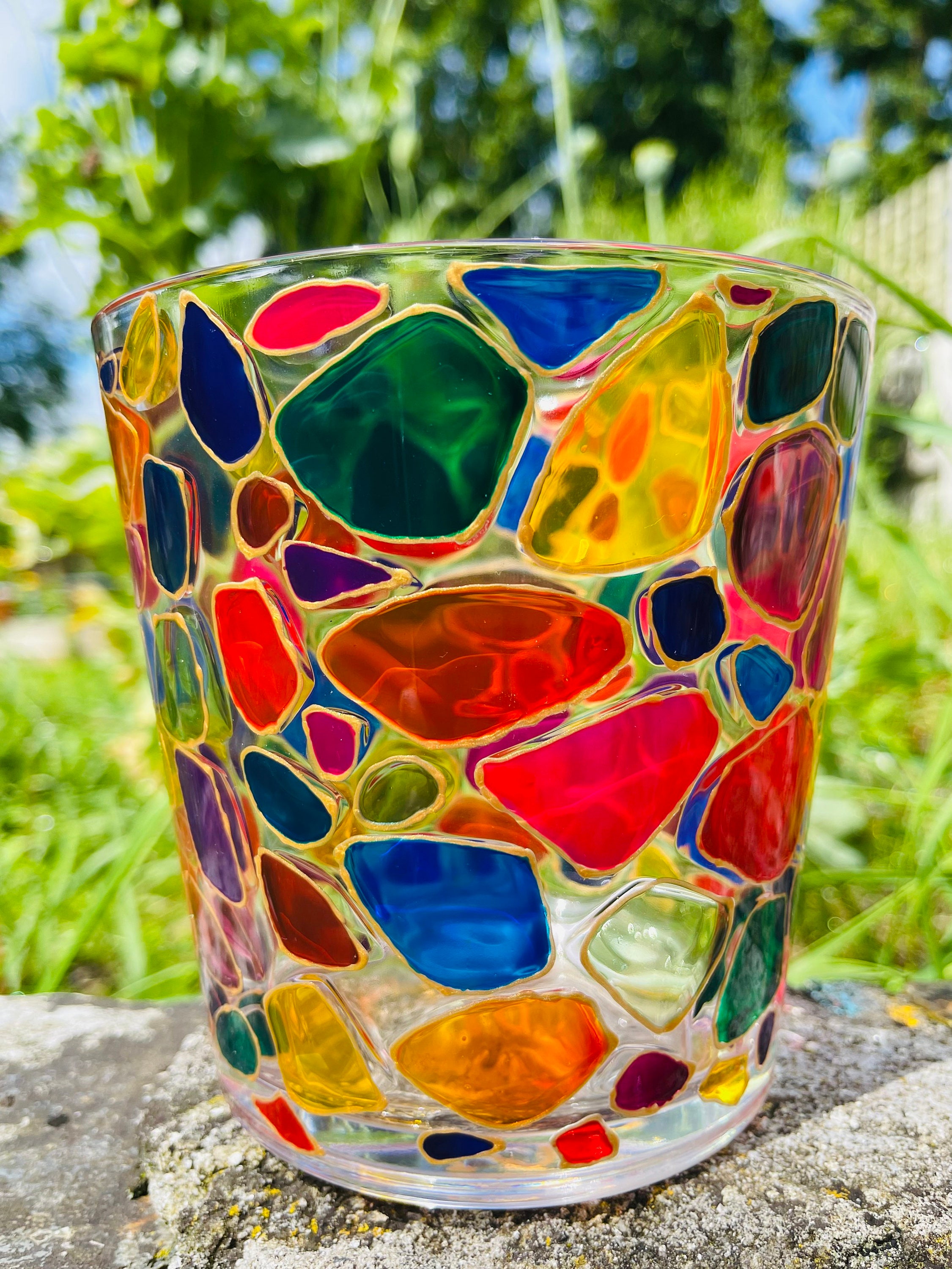 Hand painted multi coloured glass large candle holder/vase Etsy